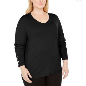 JM Collection Black V-Neck Sweater with Button Detail Plus Size
